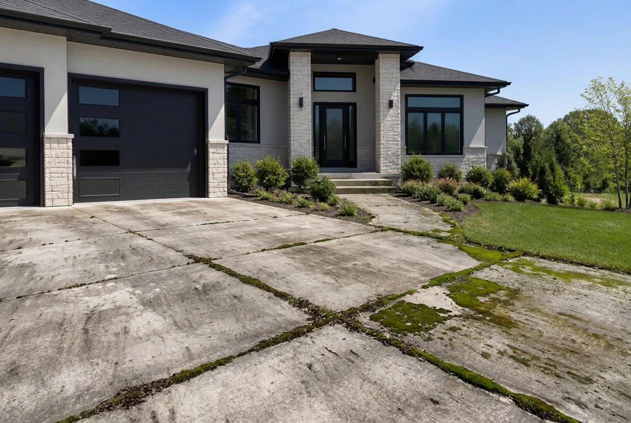 Concrete driveway covered in moss and grime before pressure washing