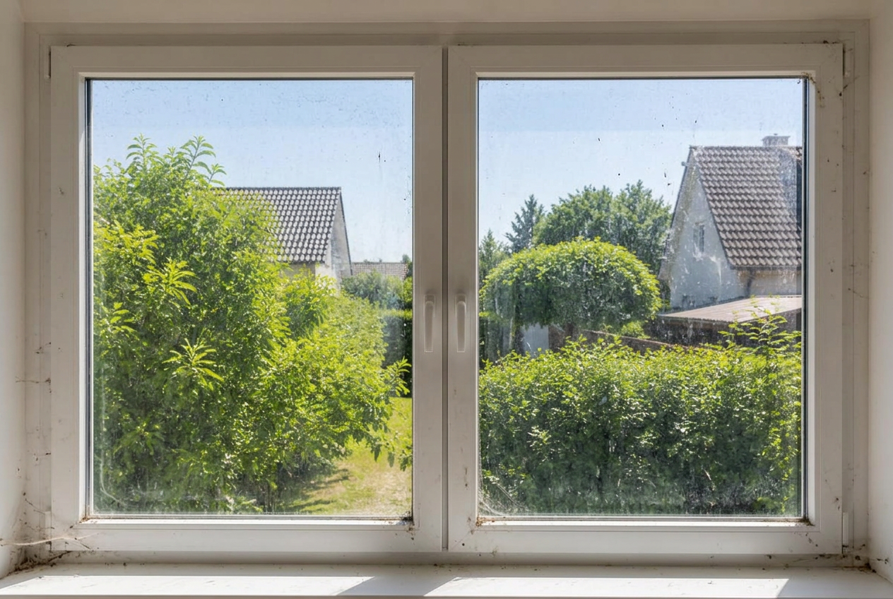 Window covered in dirt and water marks before cleaning